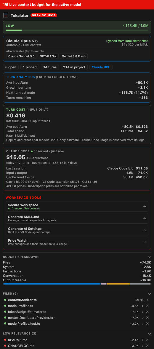 Tokalator dashboard: context budget, model switching, pinning, tab cleanup, and live Claude Code tracking